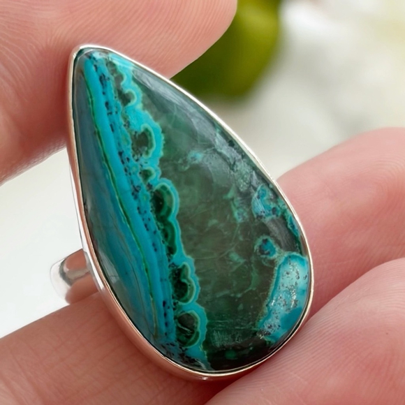 Solid Sterling Silver 925 Malachite Chrysocolla Gemstone Ring Size 7 Southwest - Picture 1 of 12